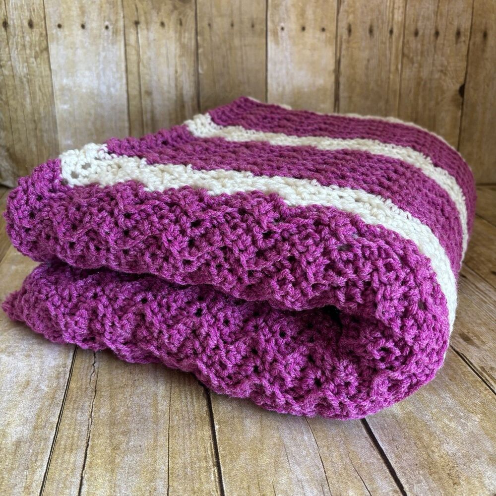Handmade Crochet Chevron Throw Blanket Hot Pink Ivory Ripple Afghan 68" x 52"